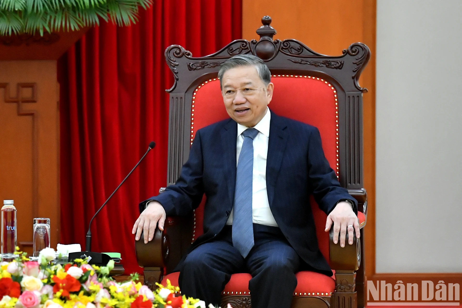 越共中央总书记苏林在会见欧盟驻越南代表团团长朱利安·古尔利时发表讲话。