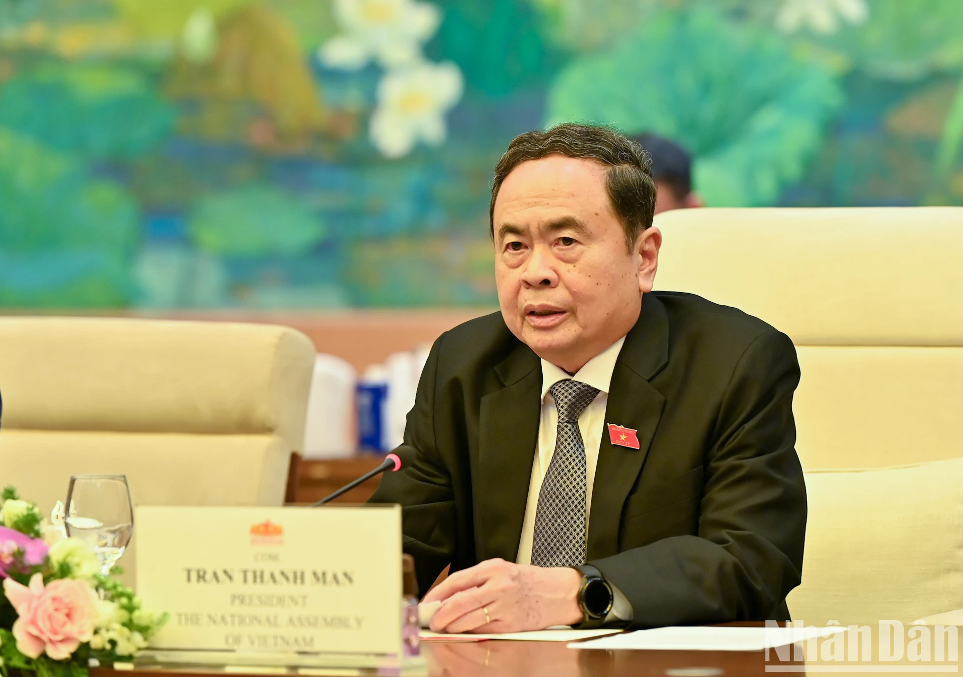 越南国会主席陈青敏在会见时发表讲话。