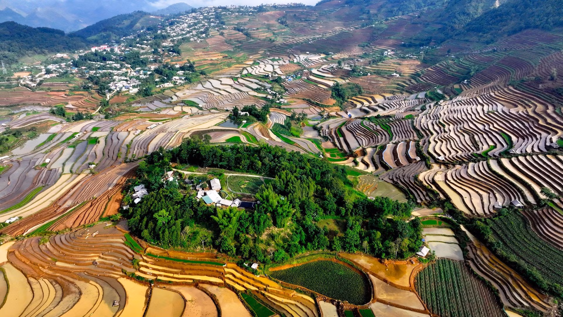 从高处俯视，梯田就像山区色彩缤纷的画卷，让游客、摄影师和电影制片人着迷。