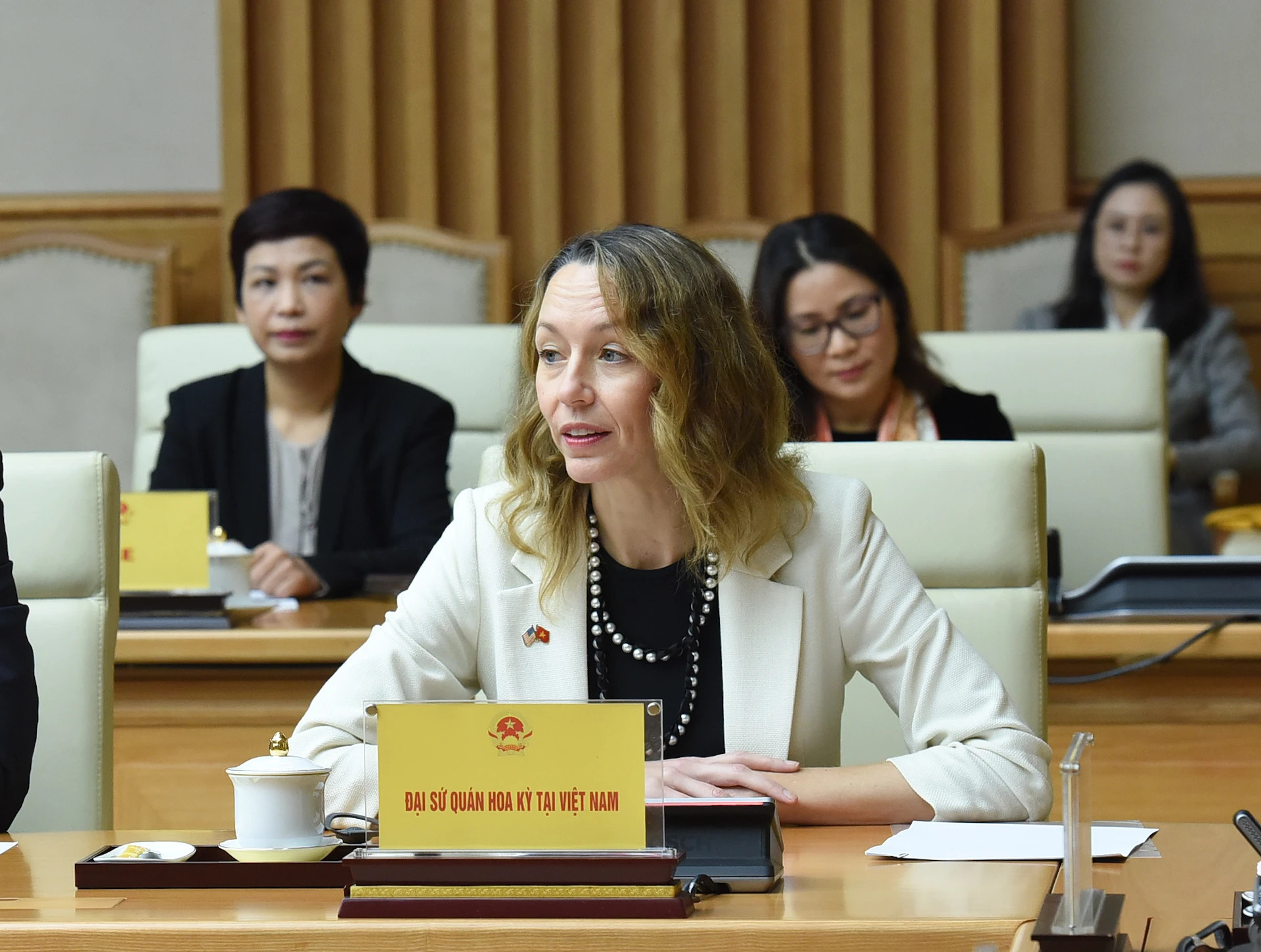 美国驻越南大使馆代表在座谈会上发表讲话。