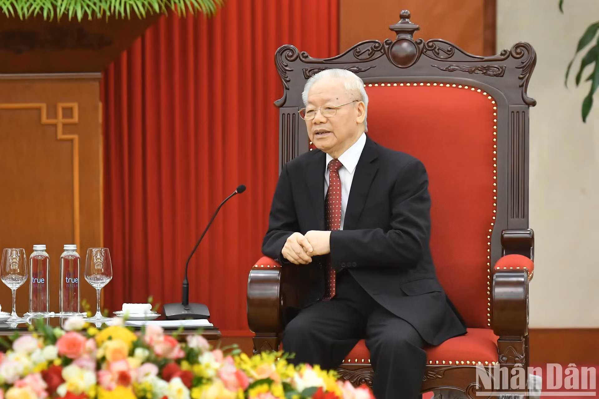 阮富仲总书记在会见中发表讲话。