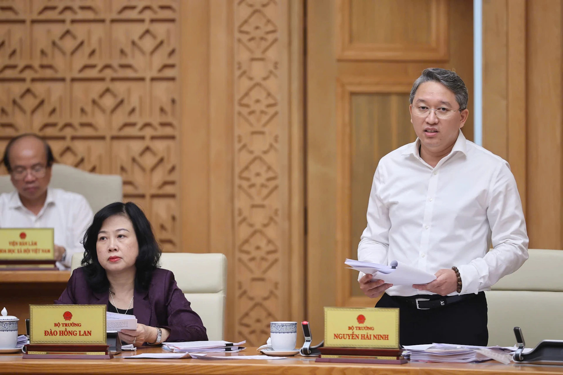 司法部部长阮海宁发表讲话。