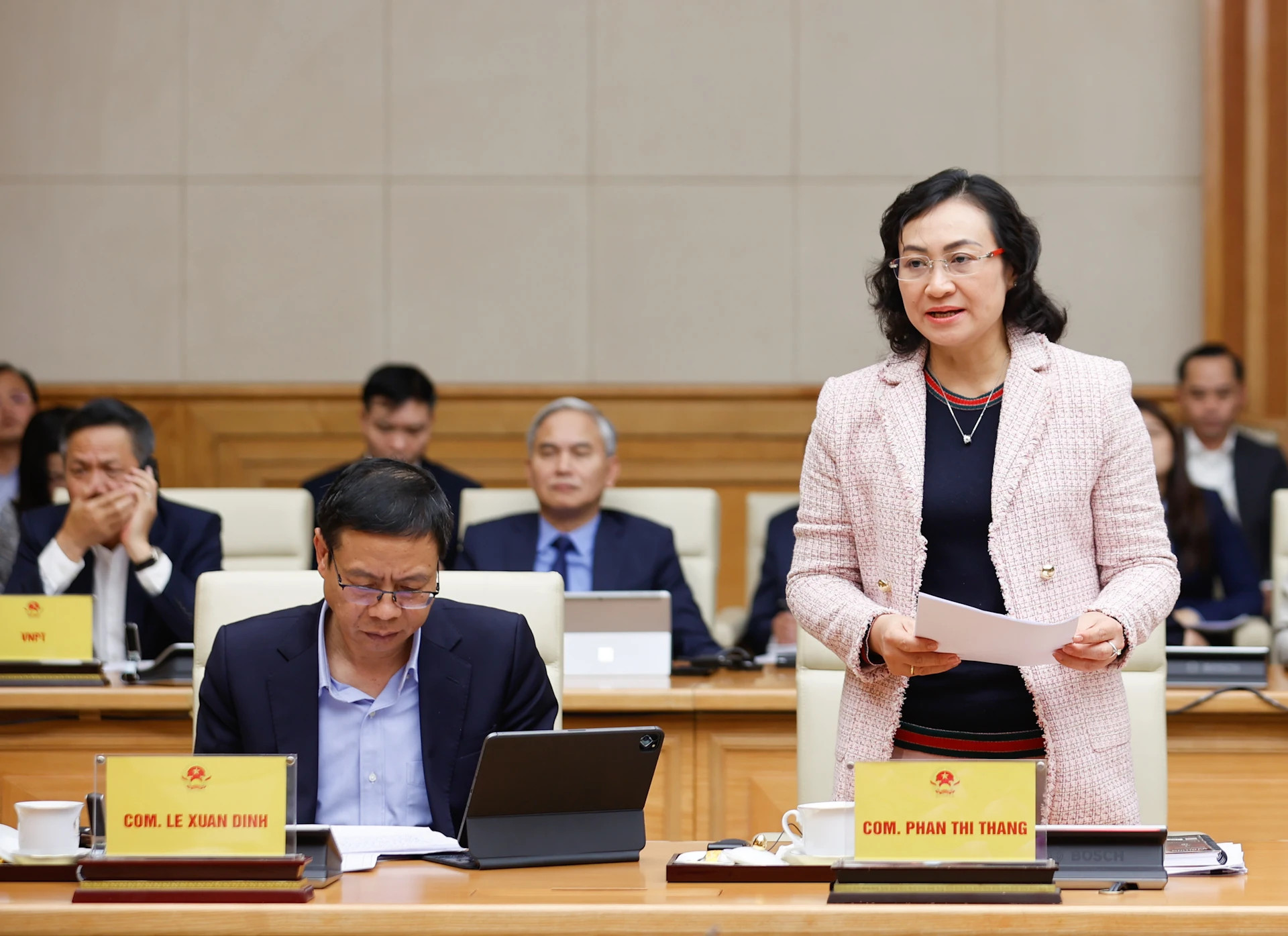 越南工贸部副部长潘氏胜发表讲话。