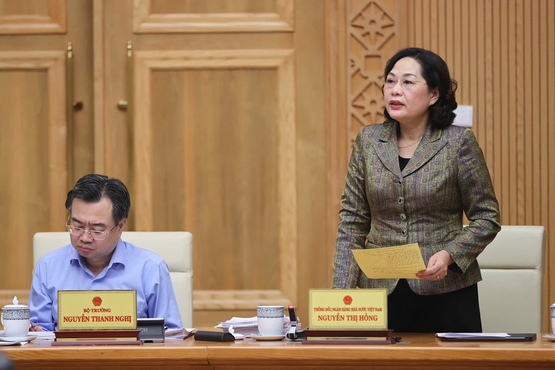 国家银行行长阮氏红发表讲话。