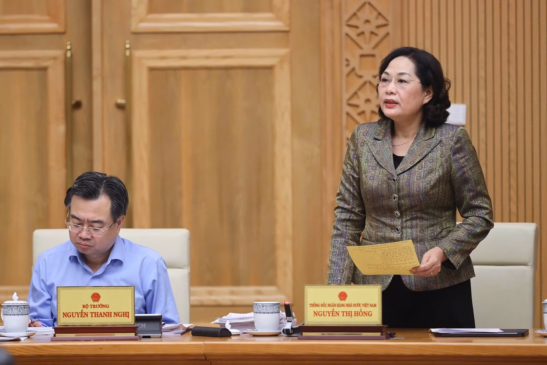 国家银行行长阮氏红发表讲话。