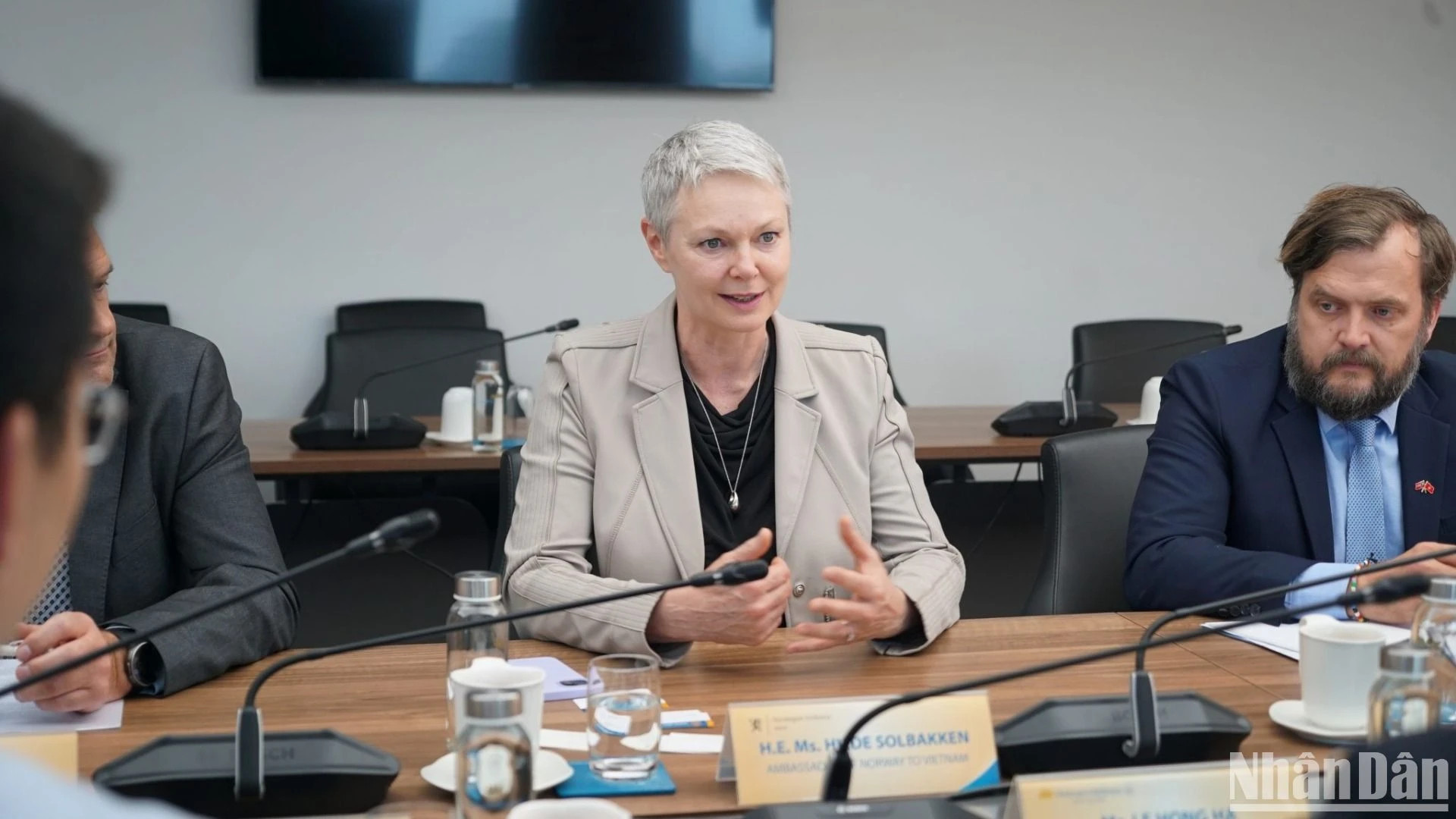 挪威大使希尔德·索尔巴肯与合作伙伴就项目展开讨论。