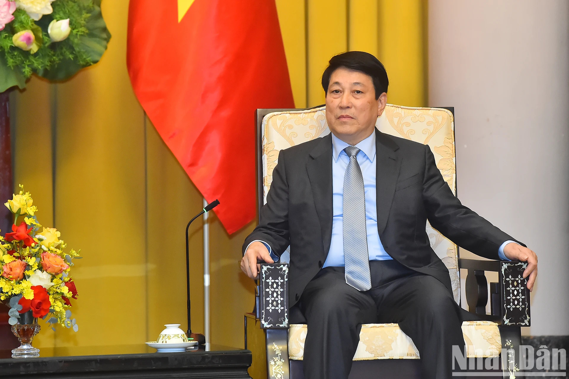 越南国家主席梁强在会见时发表讲话。 越南国家主席梁强在会见时发表讲话。