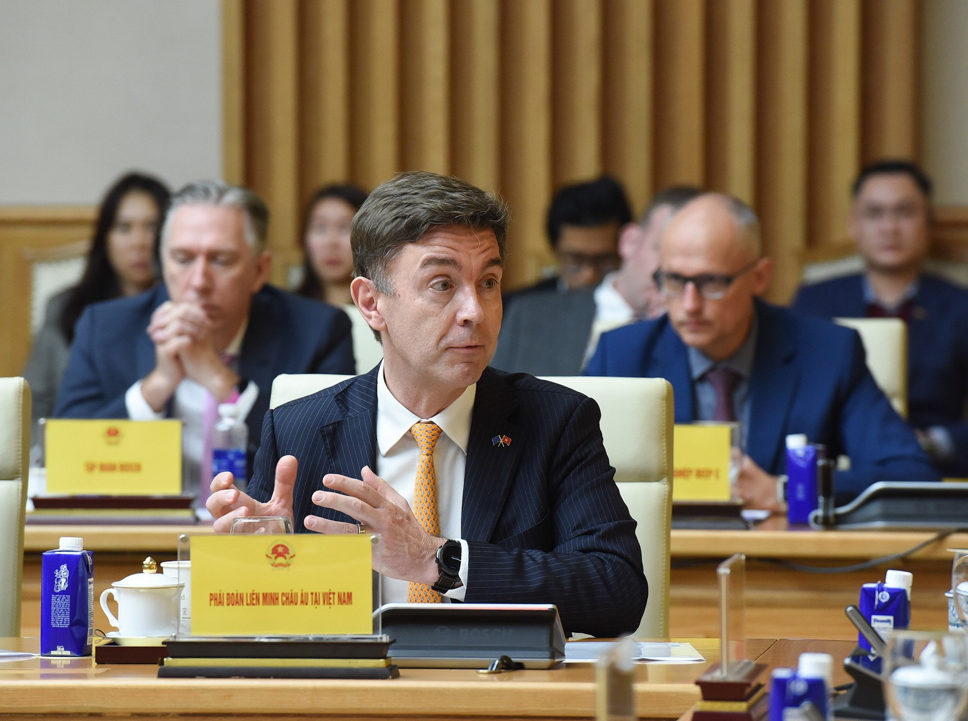 欧盟驻越南代表团代表在座谈会上发表讲话。