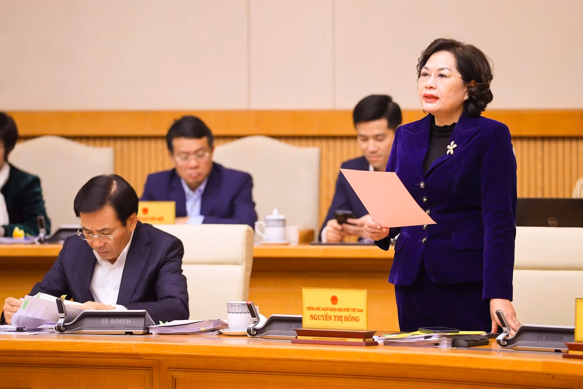 越南国家银行行长阮氏红在会上发表讲话。