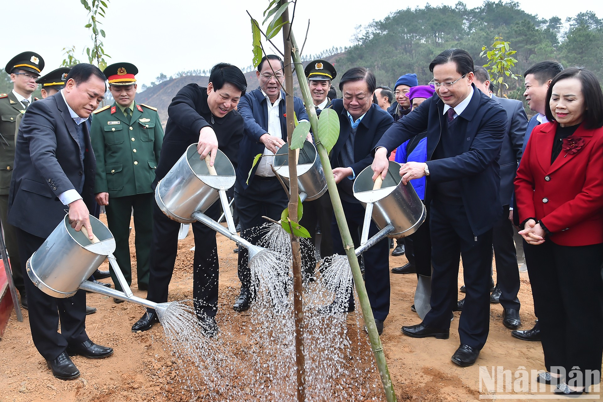 梁强主席以及代表们在启动仪式上浇树。