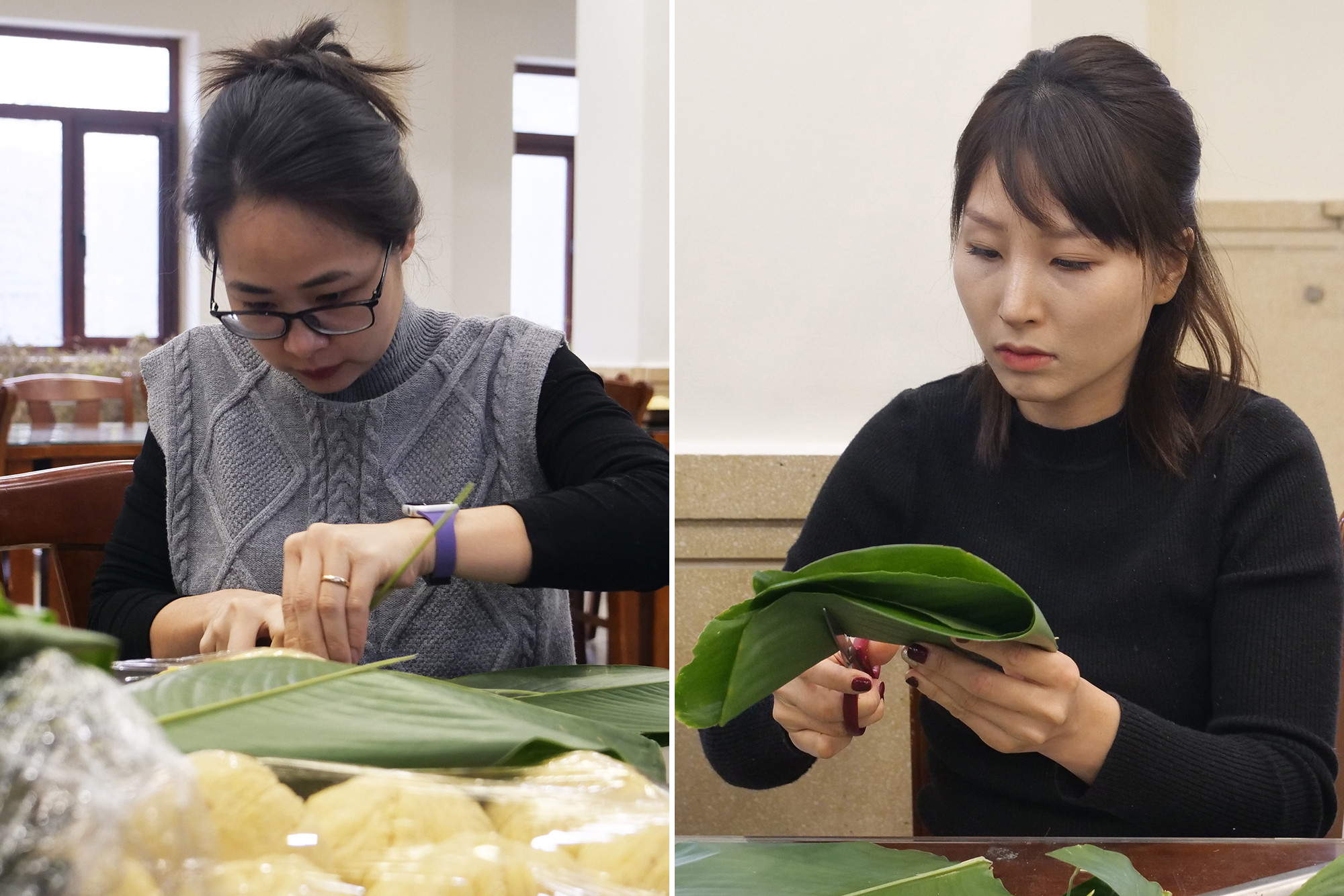 凝神聚力剪粽叶。 凝神聚力剪粽叶。