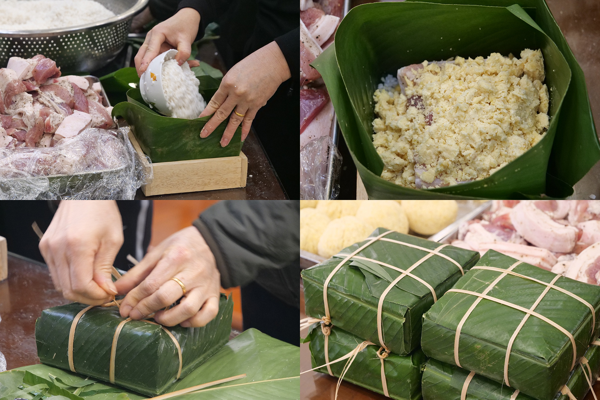 包好一个肉粽的流程。 包好一个肉粽的流程。