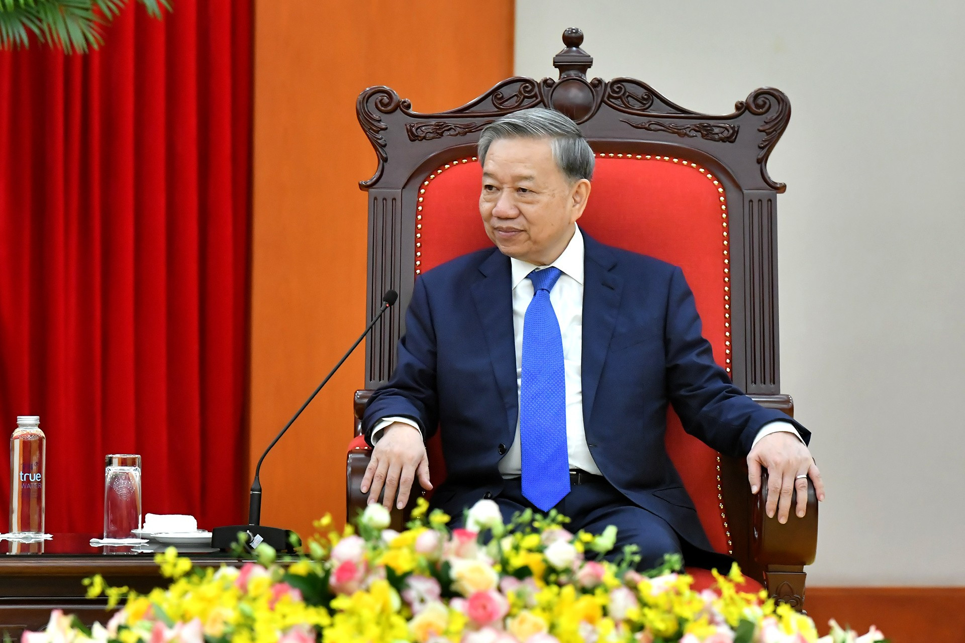 越共中央总书记苏林在会见中发表讲话。