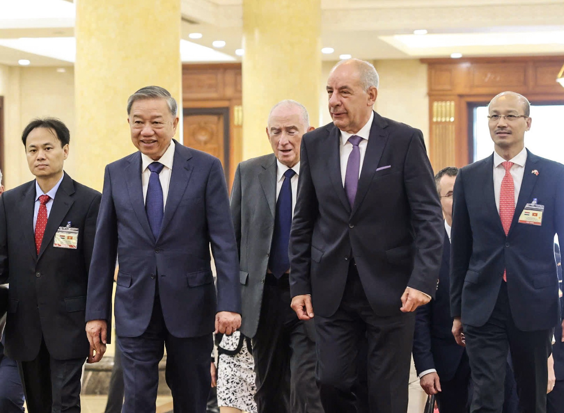 越共中央总书记苏林欢迎匈牙利总统舒尤克·道玛什。 越共中央总书记苏林欢迎匈牙利总统舒尤克·道玛什。