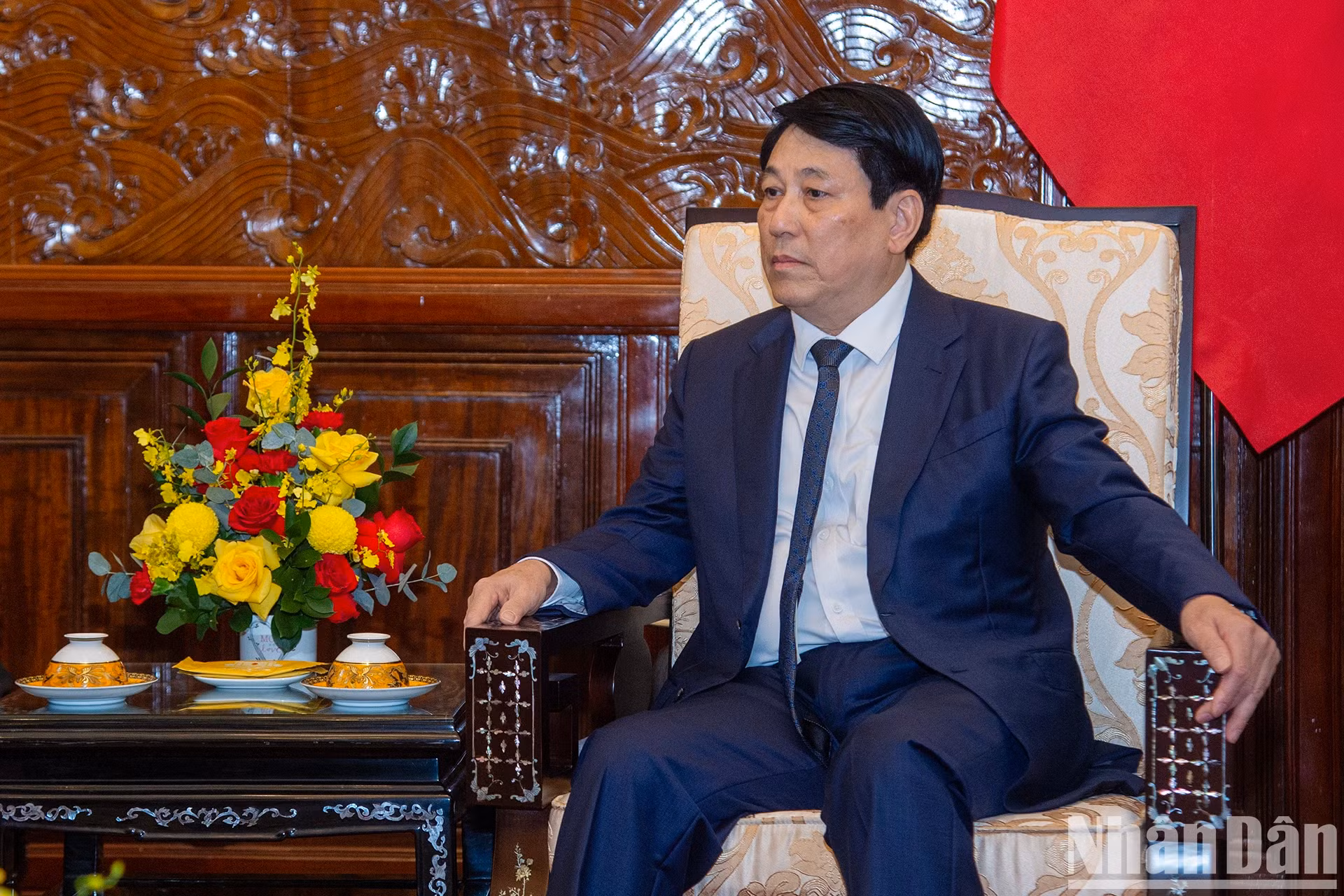 越南国家主席梁强在会见中发表讲话。