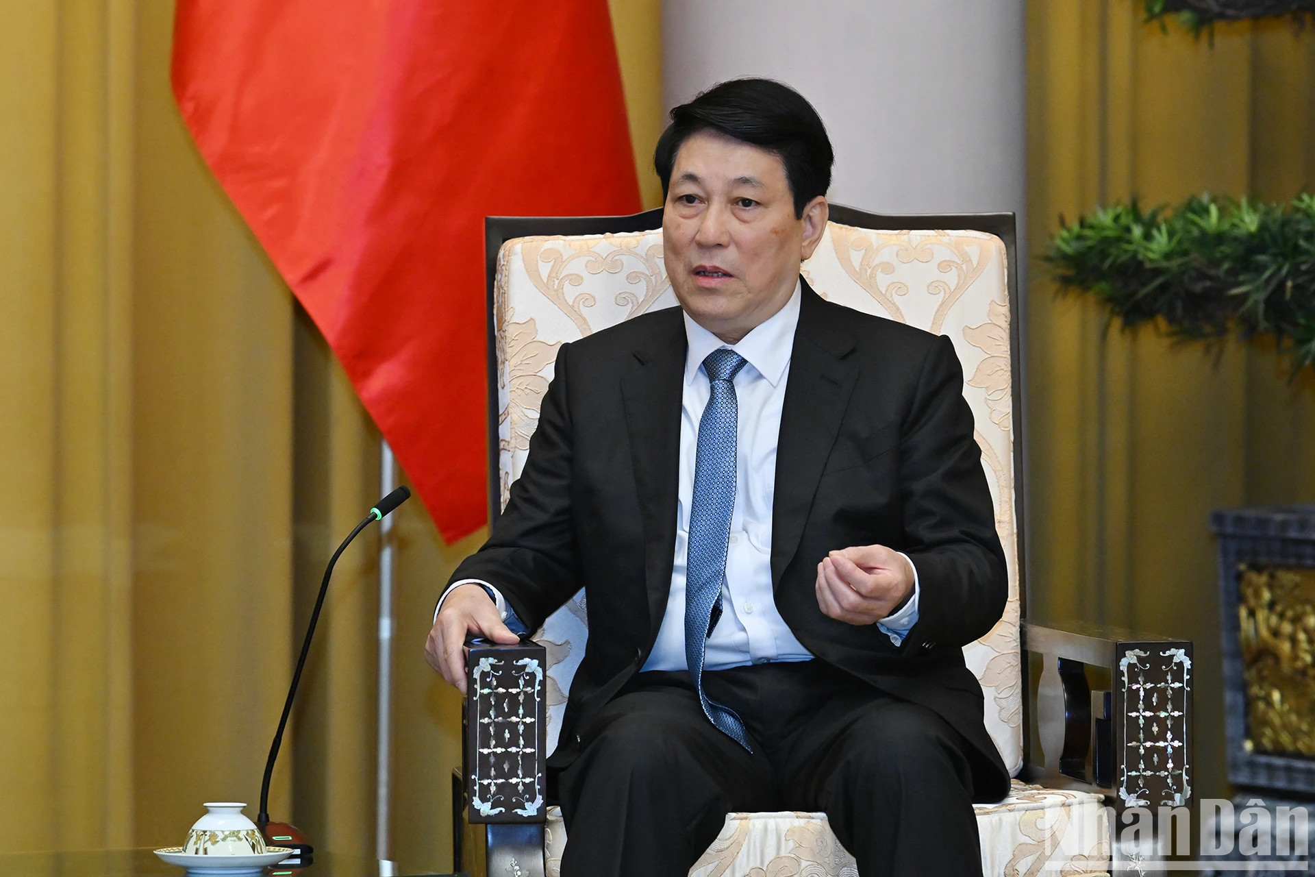 越南国家主席梁强在会见中发言。