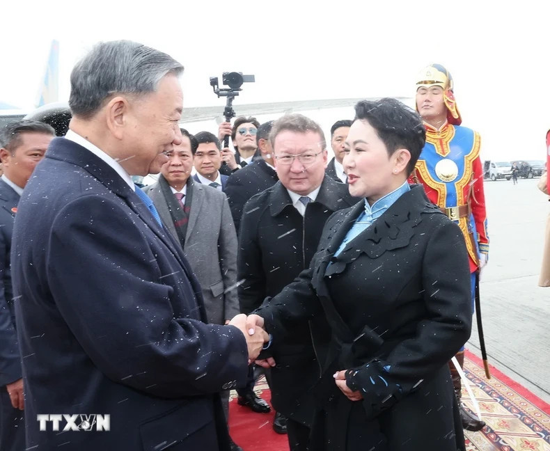 蒙古国外交部长巴特蒙赫·巴特策策格，蒙古国驻越南大使吉吉·塞里贾夫，蒙古国外交部亚洲司司长胡兰在成吉思汗机场迎接苏林总书记、国家主席一行。