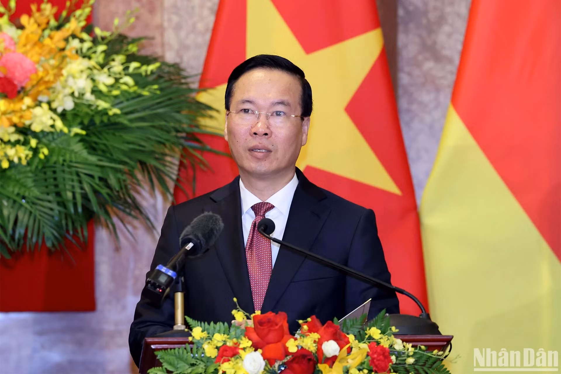 国家主席武文赏在会见记者时发表讲话。