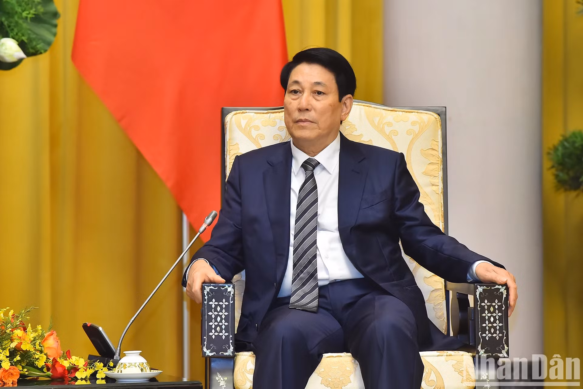 越南国家主席梁强在会见时发表讲话。 越南国家主席梁强在会见时发表讲话。