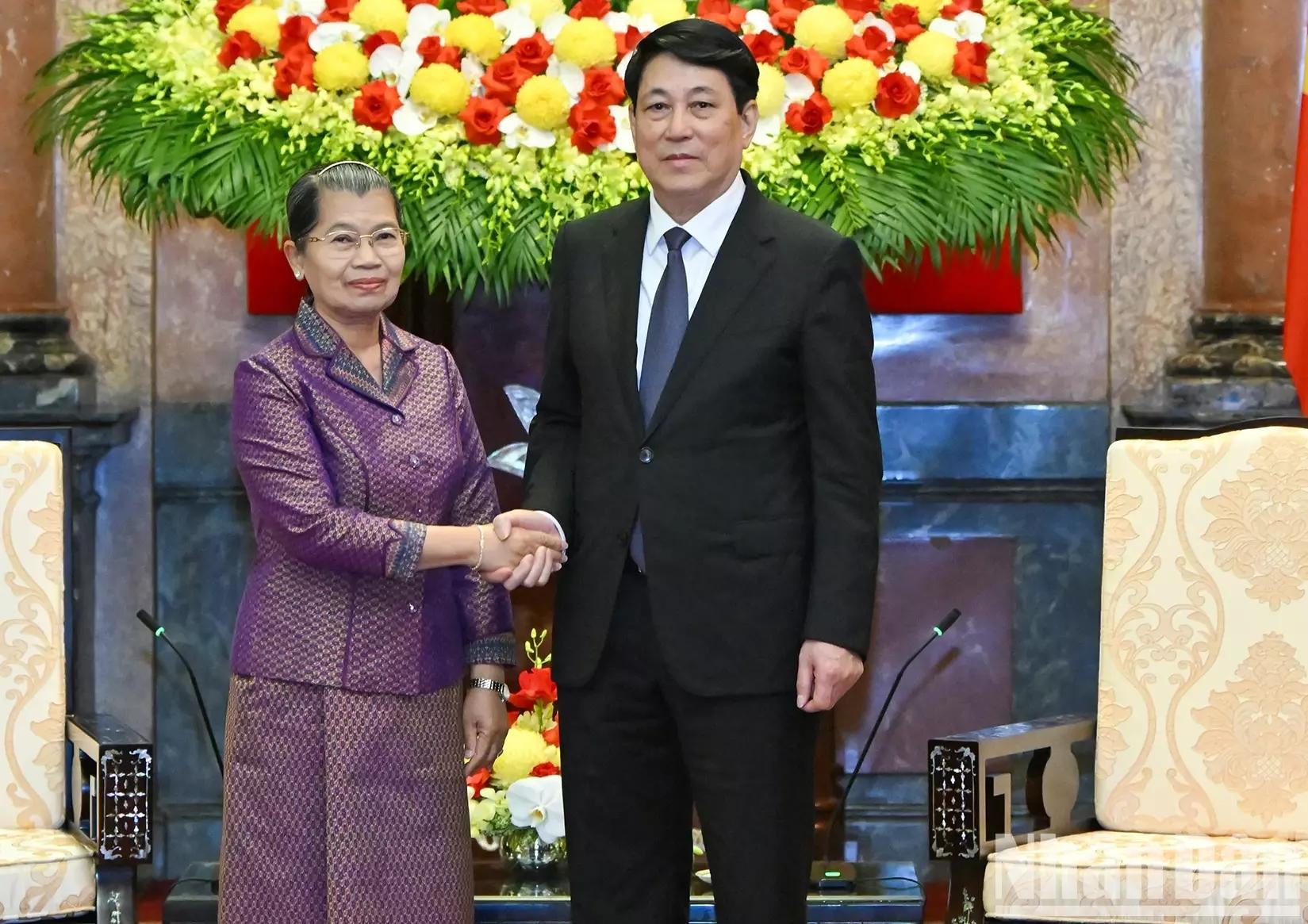 越南国家主席梁强会见柬埔寨人民党副主席梅森安。 越南国家主席梁强会见柬埔寨人民党副主席梅森安。
