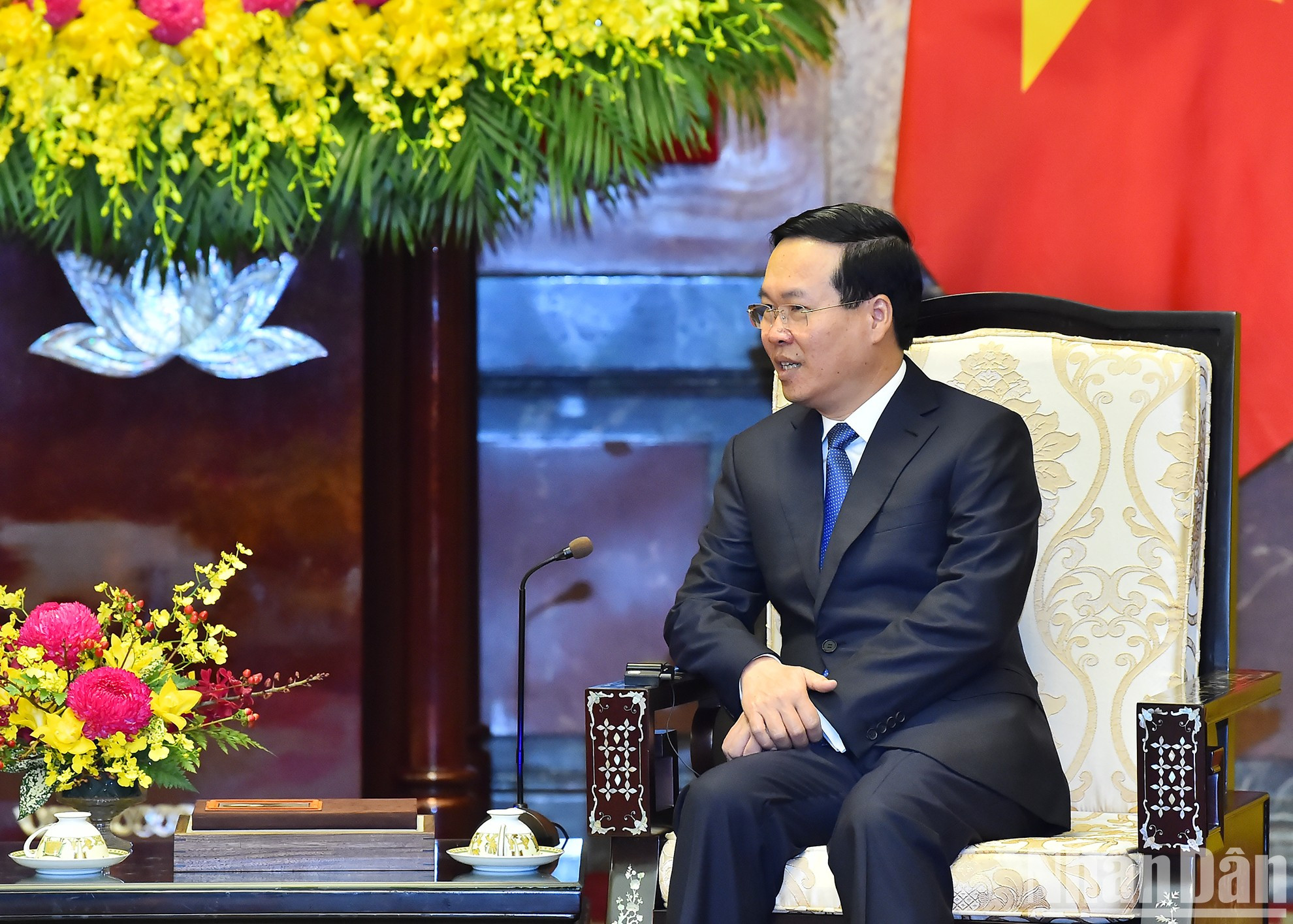 越南国家主席武文赏在会见中发表讲话。