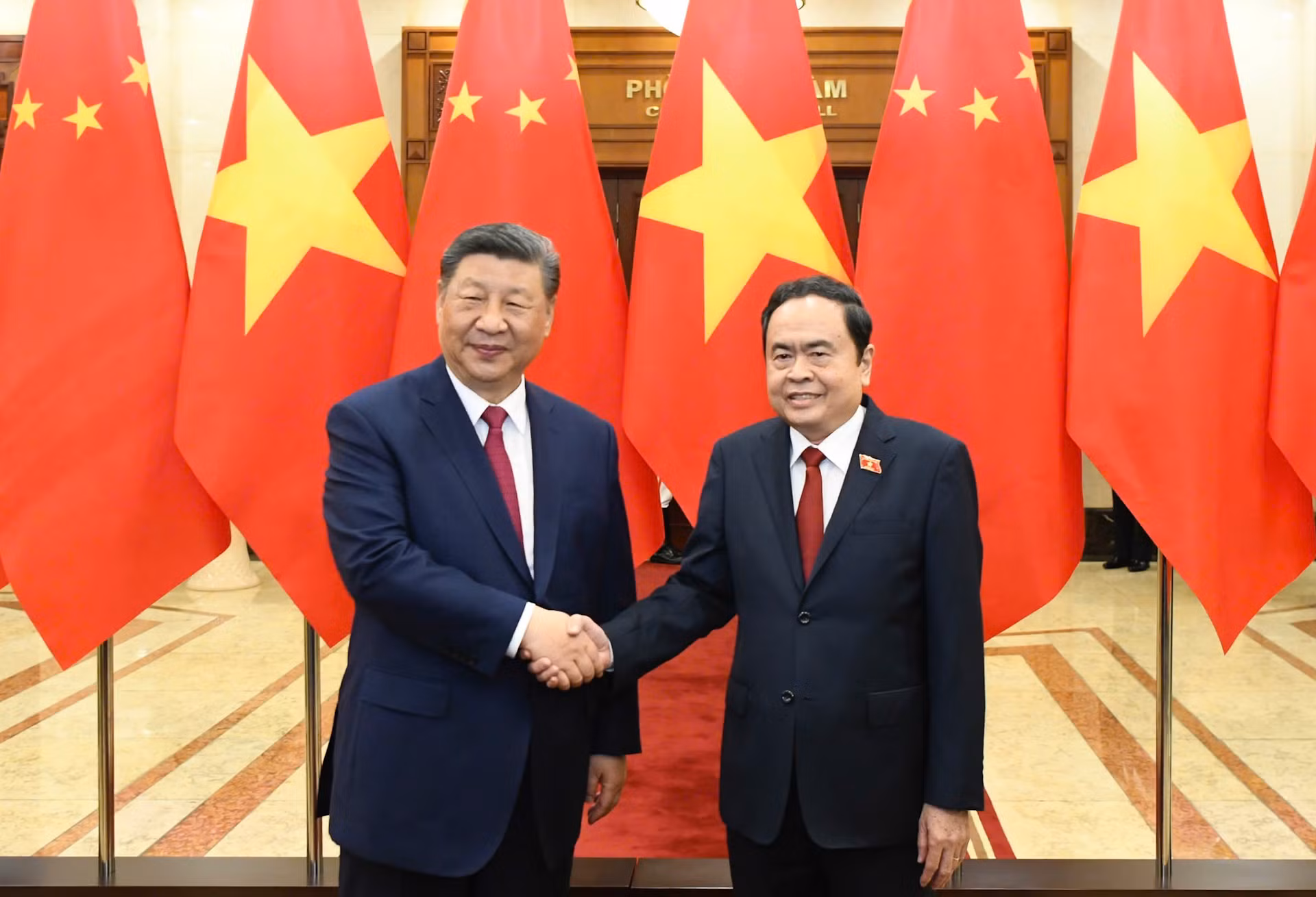 越南国会主席陈青敏和中共中央总书记、中国国家主席习近平。