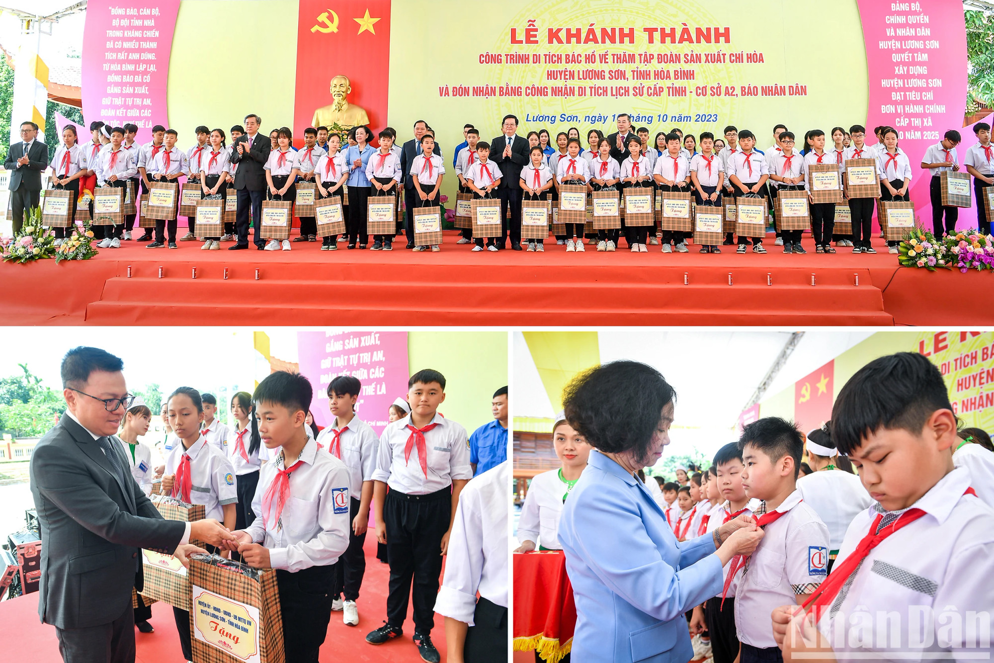 张氏梅同志和各位领导向梁山县优秀学生授予胡伯伯徽章。