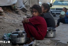 孩子们在加沙城等待领取食品援助。（图片来源：越通社）