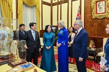 越南国家主席梁强和夫人向澳大利亚总督萨曼莎·莫斯廷和夫君赠送纪念品。