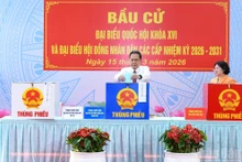 越南国会主席陈青敏在胡志明市旭门乡第14投票区行使选举权。