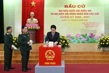 越南国家主席梁强在河内还剑坊第26投票区参加选举投票。