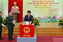 越南国家主席梁强在河内还剑坊第26投票区参加选举投票。