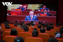 越南驻老大使馆官员和旅居老挝越南人共同收看越共十四大开幕式的电视直播。（图片来源：vov.vn）