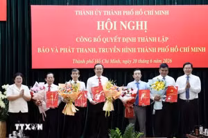 胡志明市市委领导向新成立的胡志明市新闻与广播电视机构总经理和副总经理颁发任命决定。（图片来源：越通社）