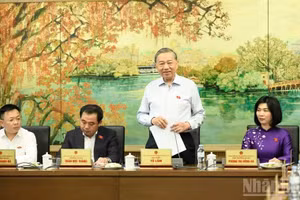 越共中央总书记、国家主席苏林同河内市国会代表进行分组讨论。（维灵 摄）