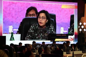 印度尼西亚财政部长丝莉·穆莉亚妮·英特拉瓦蒂在2023年举行的第十届东盟财长与央行行长会议上发表讲话。（图片来源：越通社）