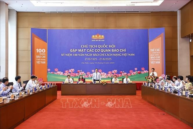 越南国会主席陈青敏在国会大厦会见新闻媒体机构代表。（图片来源：越通社）