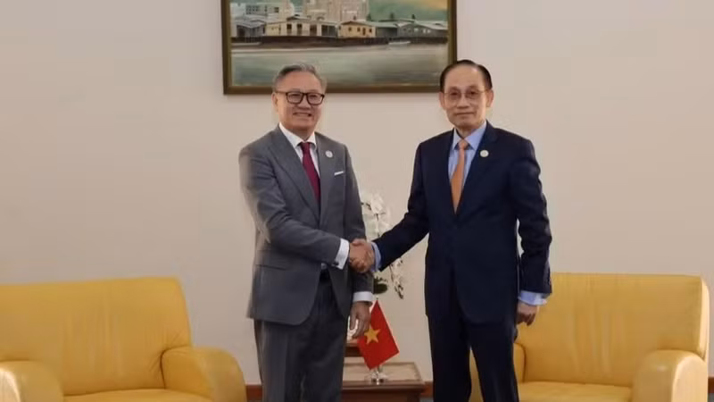 越共中央政治局委员、外交部长黎怀忠在斯里巴加湾市会见了老挝副总理兼外交部长通沙万·丰威汉。（图片来源：越通社）