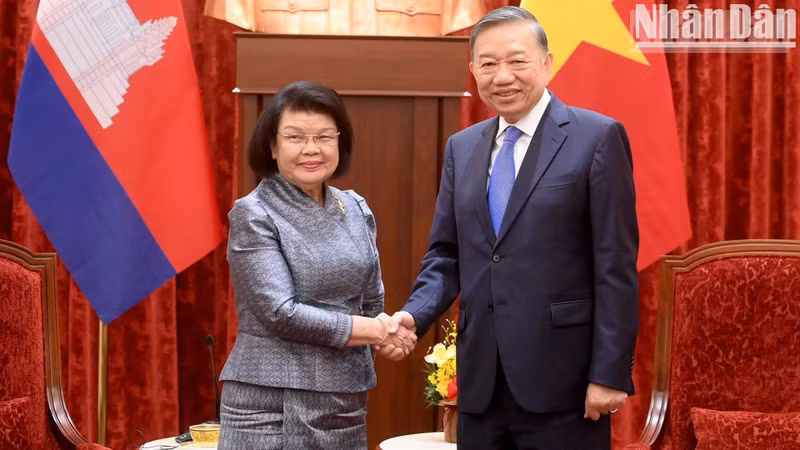 越共中央总书记、国家主席苏林和柬埔寨王国国会主席昆索达莉亲王。