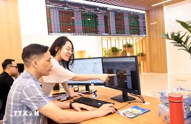 客户在保越证券股份公司位于河内总部的交易大厅进行交易。（图片来源：越通社）