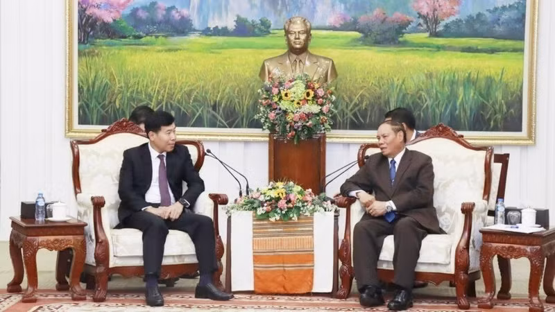 越共中央委员、越南外交部党委常务副书记、外交部副部长阮孟强（左）礼节性拜会老挝人民革命党中央政治局委员、中央书记处常务书记维莱·拉坎丰。（图片来源：越通社）