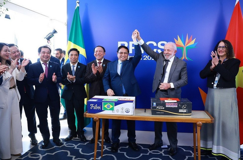 越南政府总理范明正和巴西总统路易斯·伊纳西奥·卢拉·达席尔瓦出席越南与巴西双向贸易出口协议签字仪式。（图片来源：越通社）