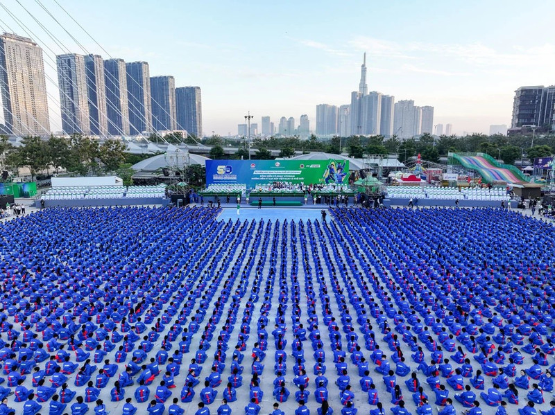6万名学生参加越武道武乐汇演 成功创造世界纪录。（图片来源：VOV）