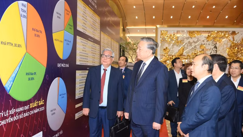 苏林总书记参观了展示新闻机构数字化转型成果的展区。