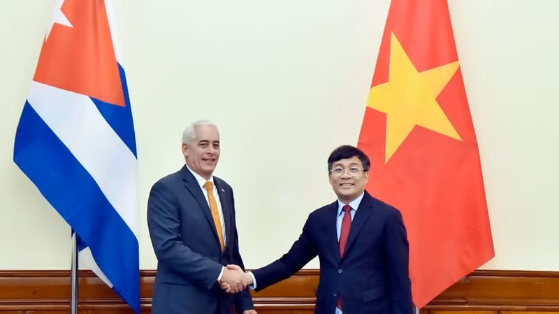 越南外交部常务副部长阮明宇（右）和古巴外交部第一副部长赫拉尔多·佩尼亚尔韦尔·波塔尔。（图片来源：外交部供图）