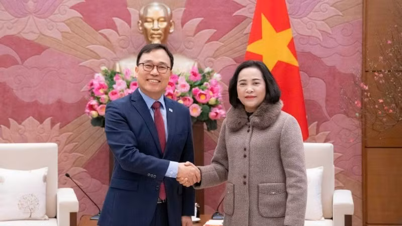 越南国会副主席阮氏清会见韩国驻越南大使崔泳三。（图片来源：越通社）