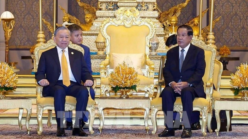 柬埔寨人民党主席洪森欢迎越共中央总书记苏林对柬埔寨进行国事访问。（图片来源：越通社）