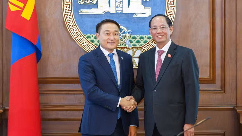 越南国会副主席陈光方上将与蒙古大呼拉尔主席（议长）达希泽格布·阿玛尔巴伊斯格楞。（图片来源：越通社）