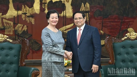 范明正总理会见即将离任的柬埔寨驻越南大使谢金塔。（陈海 摄）