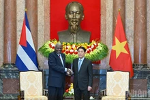 越南国家主席梁强会见古巴全国人民政权代表大会主席兼国务委员会主席埃斯特万·拉索·埃尔南德斯。